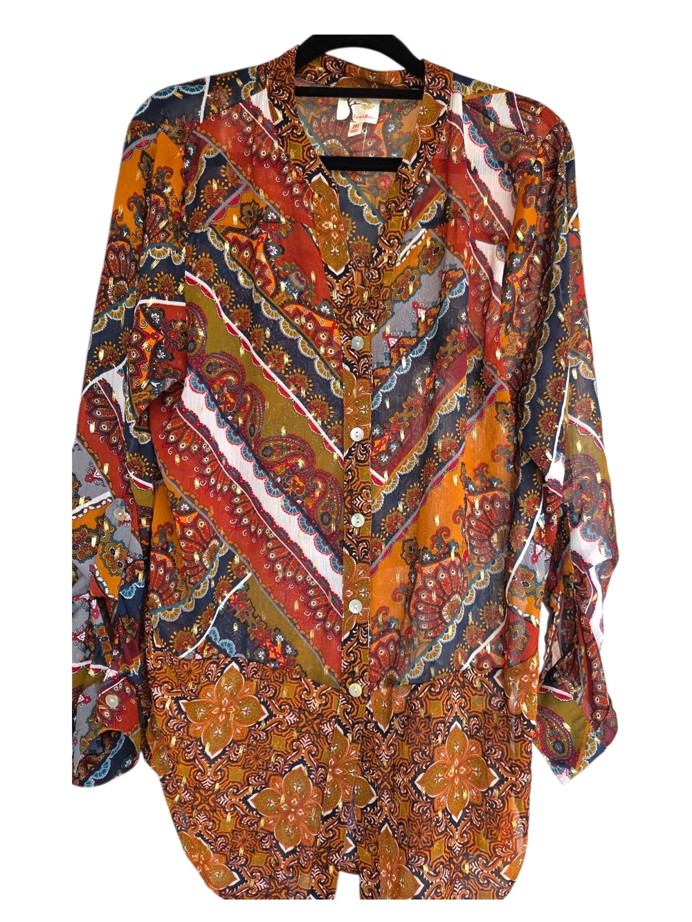 Fig And Flower Vintage-Inspired Multicolor Paisley Button-Up Blouse - Orange Med
